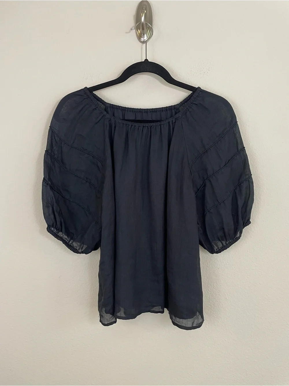J. Crew Black Puff Sleeve Ramie Top Size Medium
